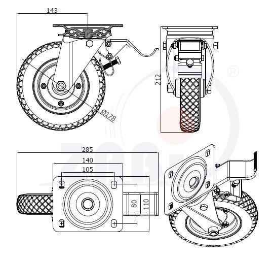 Pneumatické koleso 175 mm otočná vidlica