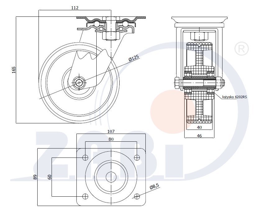 Plastové koleso 125 mm otočná vidlica 