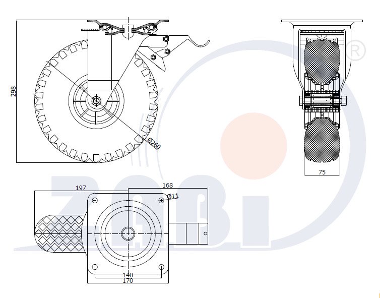 Elastické koleso 260mm v otočnej vidlici