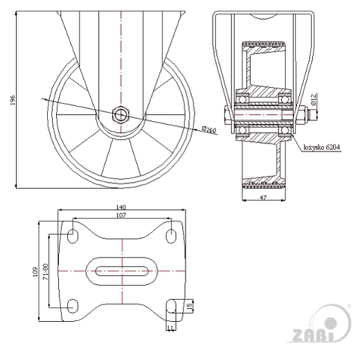 Polyuretánové koleso 160 mm pevná vidlica