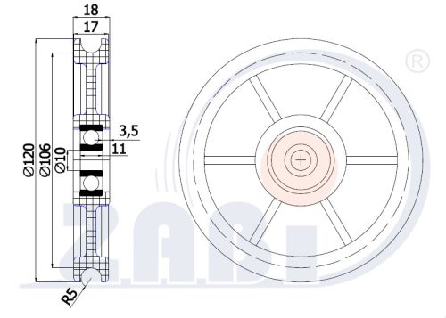 Kladka plastová profilovaná 120mm s ložiskom