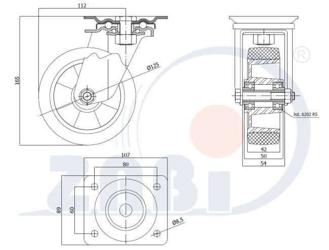 Gumové koleso 125 mm otočná vidlica s doskou