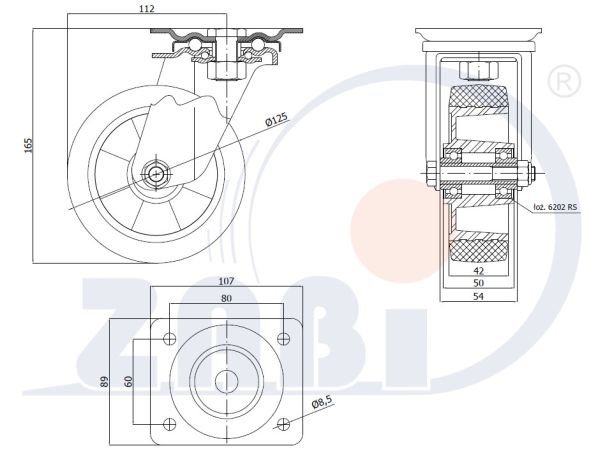 Gumové koleso 125 mm otočná vidlica s doskou