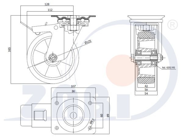 Gumové koleso 125 mm otočná vidlica s doskou