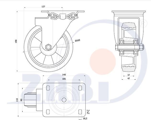 Gumové koleso 160 mm otočná vidlica s doskou