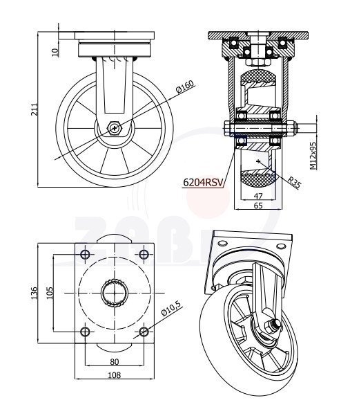 Vysokozáťažové koliesko pre ľahkú manipuláciu ZABI 160 mm