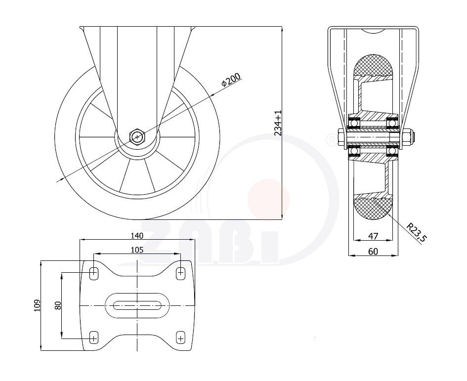 Polyuretánové koleso pre ľahkú manipuláciu ZABI 200 mm