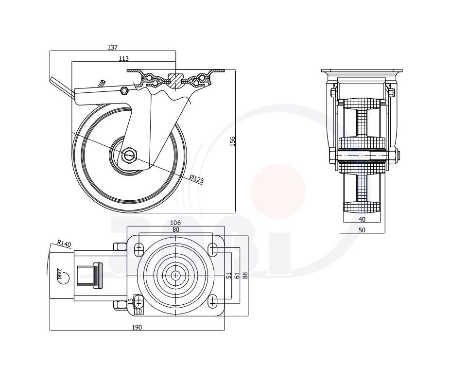 Plastové koleso 125 mm nerezová otočná vidlica ZABI