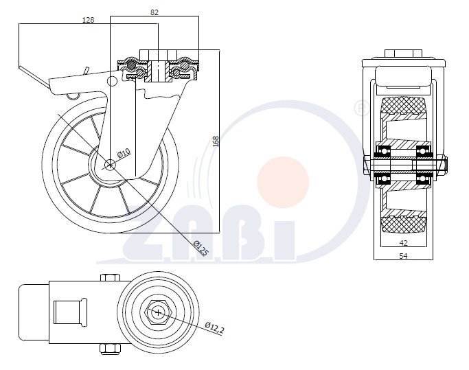 Gumené koleso 125 mm otočná vidlica s otvorom ZABI