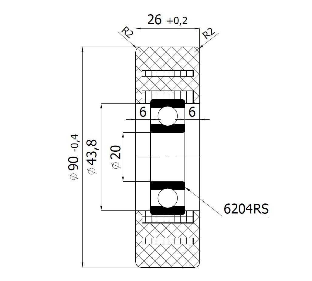 Rolňa s polyuretánovým behúňom a ložiskom 90 mm ZABI