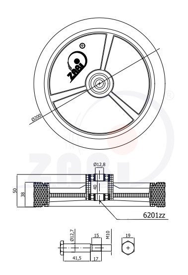 Univerzálne koleso pre kosačky s ložiskom a skrutkou 200 mm ZABI