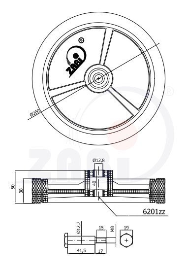 Univerzálne koleso pre kosačky s ložiskom a skrutkou 200 mm ZABI