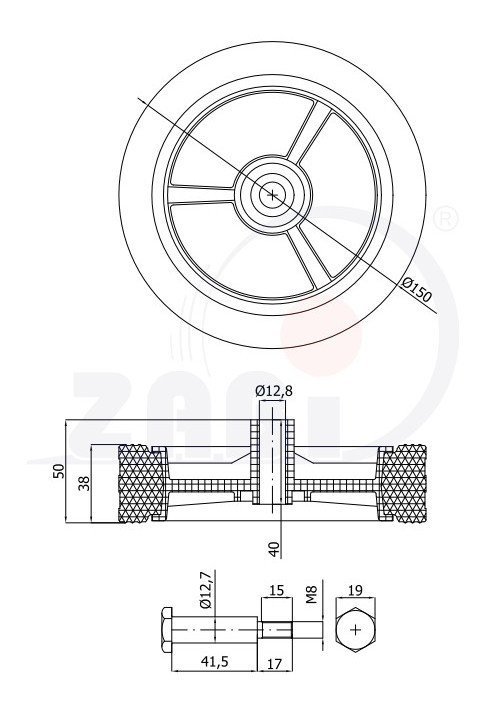 Univerzálne koleso pre záhradnú kosačku s ložiskom a skrutkou 150 mm ZABI