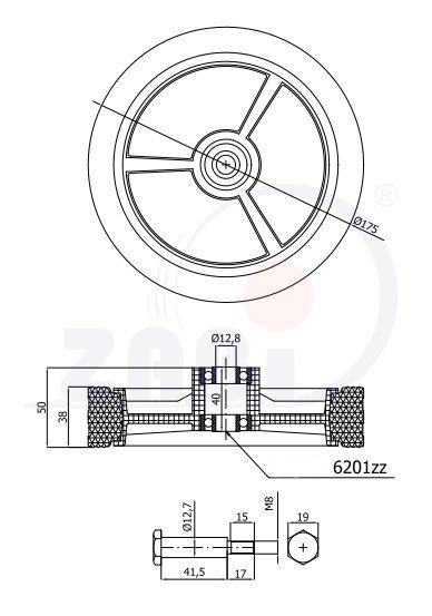 Univerzálne koleso pre záhradnú kosačku s ložiskom a skrutkou 175 mm ZABI