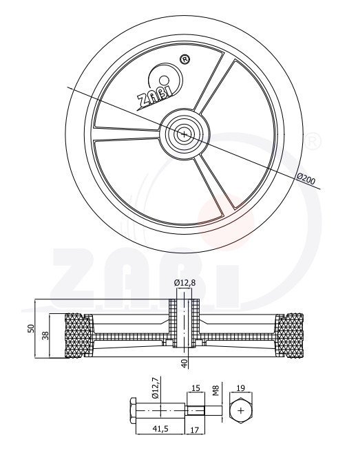 Univerzálne koleso pre záhradnú kosačku so skrutkou 200 mm ZABI